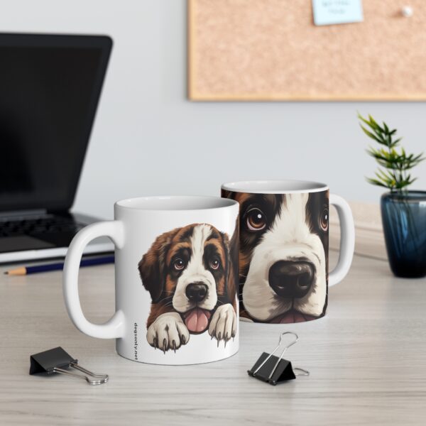 This St Bernard Dog 11 oz white mug is perfect for dog lovers who enjoy a cozy cup of coffee or tea.