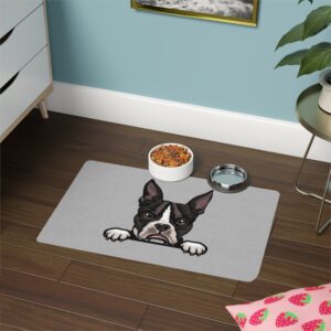 Boston Terrier Pet Food Mat (12x18) - Light Grey