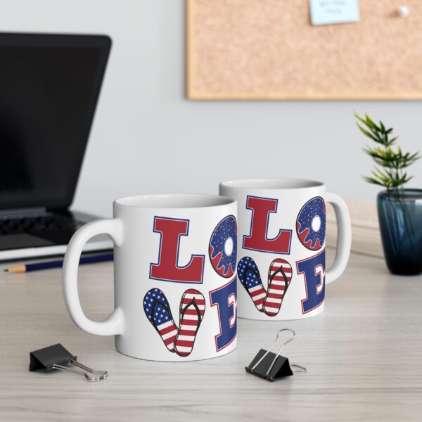 Patriotic Love Mug - 11oz USA Themed Coffee Cup with Fun Donut and Flip Flop Designs