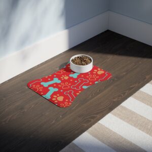 Colorful Pet Feeding Mats with Fun Bones & Paws Design - Red