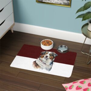 Australian Shepard Pet Food Mat (12x18)  -Maroon/White
