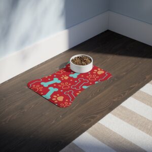 Colorful Dog Feeding Mats with Fun Bones & Paws Design-Dark Red