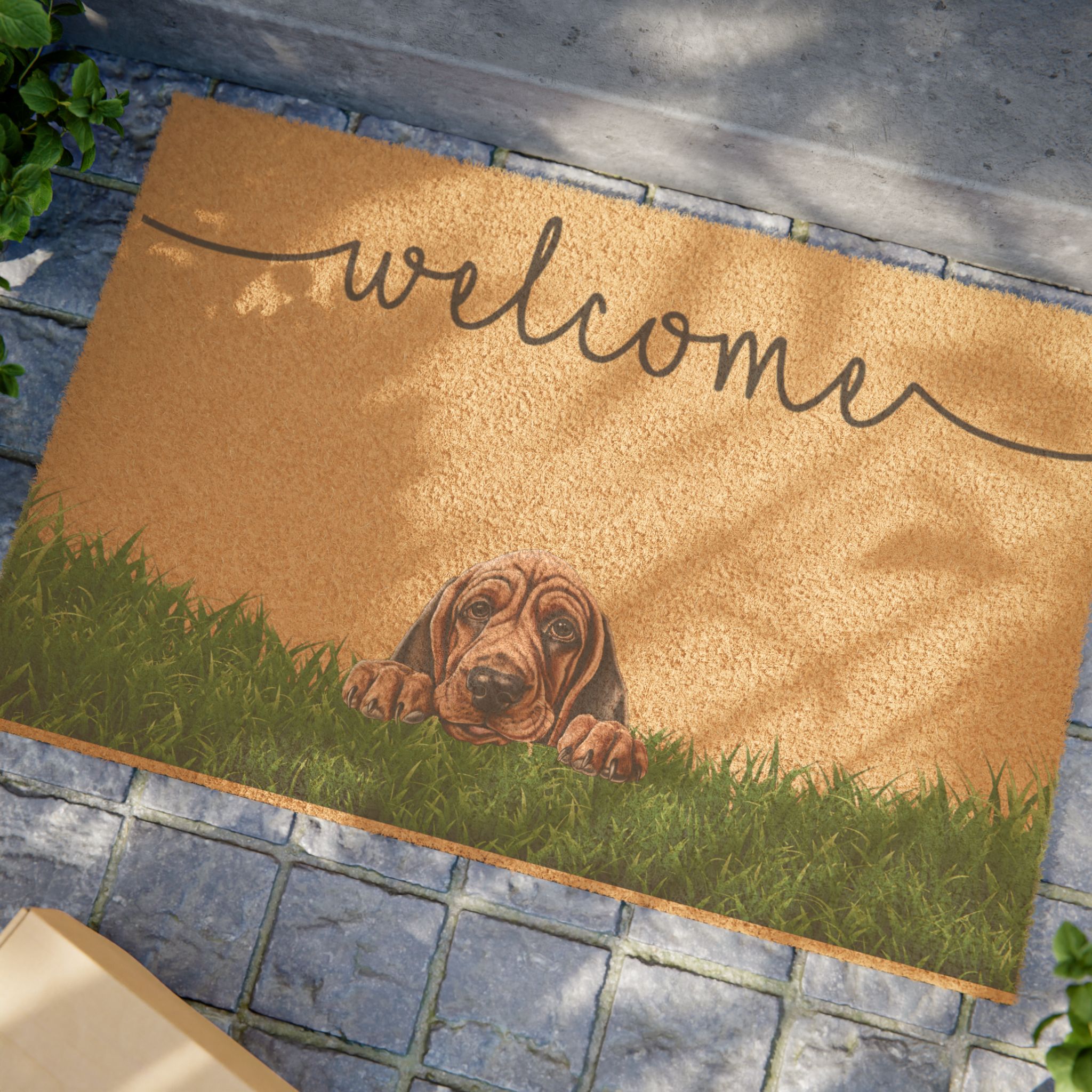 Bloodhound Welcome Doormat – Cute Dog Welcome Mat with Grass Border