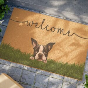Welcome Boston Terrier Doormat – Cute Puppy Welcome Mat for Dog Lovers, Indoor/Outdoor Coir Entrance Rug