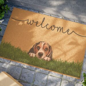 Welcome Doormat with Cute Peeking Beagle — Outdoor/Indoor Coir Mat